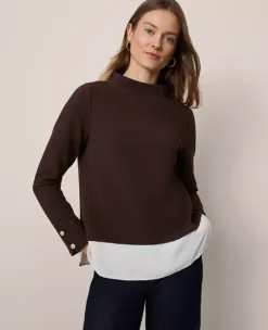 Mixed Media Mock Neck Top Pure Chocolate
