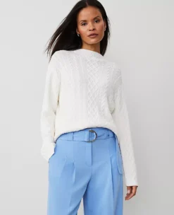 Petite Mixed Cable Mock Neck Sweater Winter White