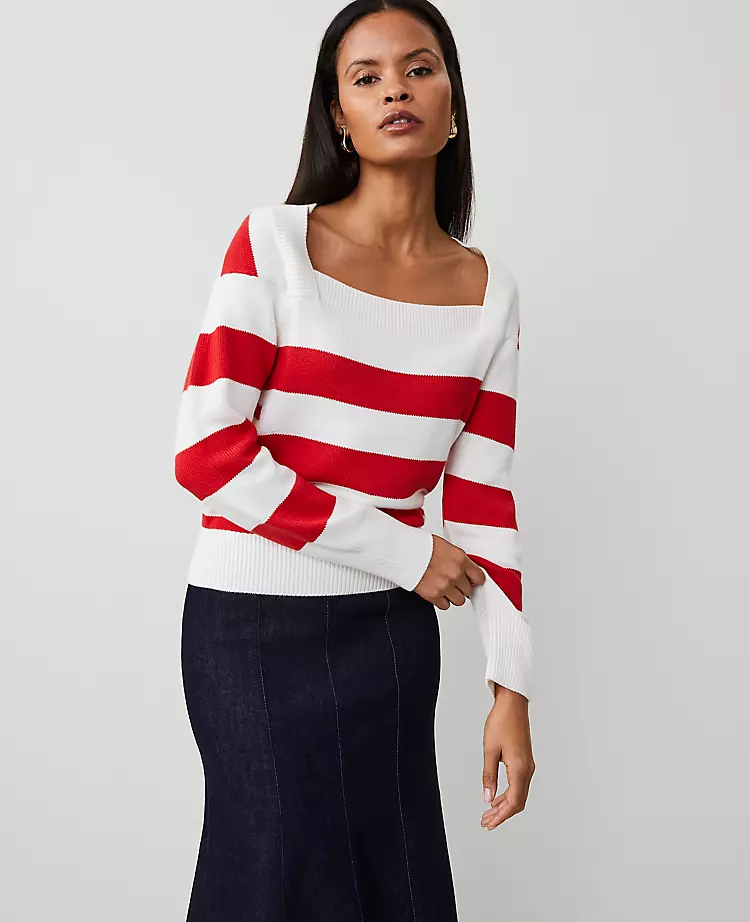 Petite Striped Envelope Neck Sweater White/Red Combo 3 Petite Striped Envelope Neck Sweater White/Red Combo
