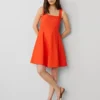 Petite Square Neck Seamed Flare Dress Deep Flame Orange -Anntaylor Shop 845619 4552