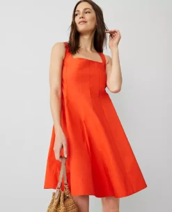 Petite Square Neck Seamed Flare Dress Deep Flame Orange -Anntaylor Shop 845619 4552 ALT2