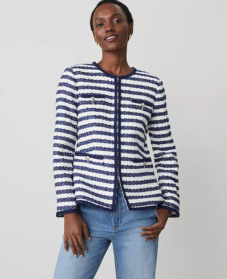 Striped Bouclé Tweed Fitted Jacket Blue/White Combo 3 Striped Bouclé Tweed Fitted Jacket Blue/White Combo