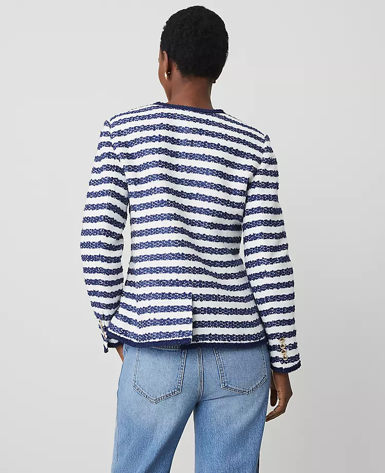 Striped Bouclé Tweed Fitted Jacket Blue/White Combo 4 Striped Bouclé Tweed Fitted Jacket Blue/White Combo - Image 2