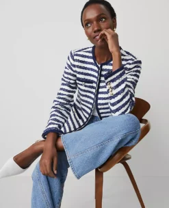 Striped Bouclé Tweed Fitted Jacket Blue/White Combo 7 Striped Bouclé Tweed Fitted Jacket Blue/White Combo -Anntaylor Shop 845830 018900 ALT2