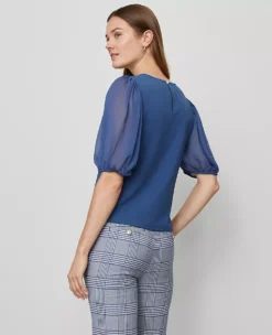 Mixed Media Pleated Sleeve Top Faded Denim -Anntaylor Shop 845919 019788 ALT1