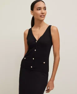 Petite Button V-Neck Tank Top Black