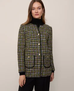 The Long Crew Neck Jacket In Houndstooth Tweed Green/Navy Multi