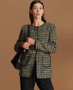 The Long Crew Neck Jacket In Houndstooth Tweed Green/Navy Multi -Anntaylor Shop 846014 018998 MKTG2