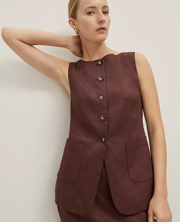The Petite Long Crew Neck Vest In Linen Blend Rich Walnut 3 The Petite Long Crew Neck Vest In Linen Blend Rich Walnut