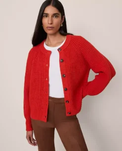 Chunky Ribbed Crew Neck Cardigan Amaretto