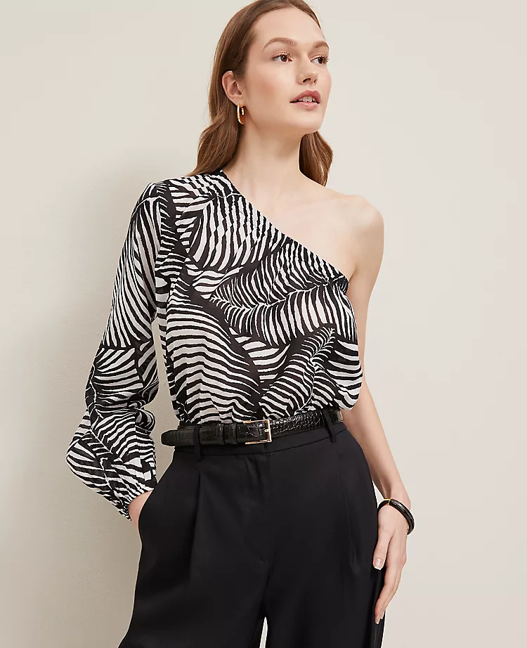 Petite One-Shoulder Blouse In Palm Print Black 4 Petite One-Shoulder Blouse In Palm Print Black - Image 2