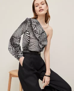 Petite One-Shoulder Blouse In Palm Print Black 10 Petite One-Shoulder Blouse In Palm Print Black -Anntaylor Shop 846231 519962 ALT2