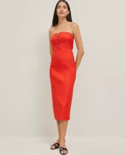 The Petite Buttoned Strapless Dress In Linen Blend Fiery Red 10 The Petite Buttoned Strapless Dress In Linen Blend Fiery Red -Anntaylor Shop 846241 5139 ALT2