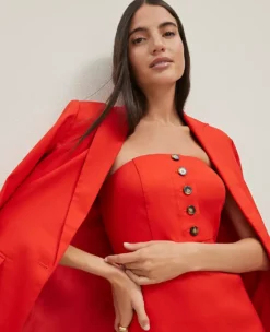 The Petite Buttoned Strapless Dress In Linen Blend Fiery Red 11 The Petite Buttoned Strapless Dress In Linen Blend Fiery Red -Anntaylor Shop 846241 5139 ALT3