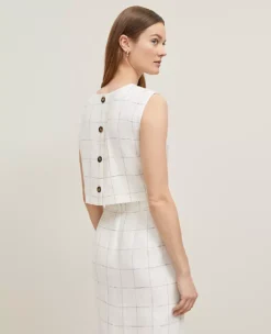 The Petite Button Back Cropped Top In Windowpane Linen Blend White/Black Multi -Anntaylor Shop 846303 018854 ALT1