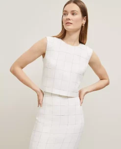 The Petite Button Back Cropped Top In Windowpane Linen Blend White/Black Multi -Anntaylor Shop 846303 018854 ALT2