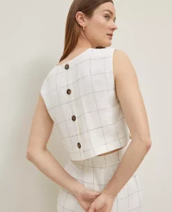 The Petite Button Back Cropped Top In Windowpane Linen Blend White/Black Multi -Anntaylor Shop 846303 018854 ALT3