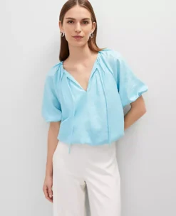 Petite Linen Blend Bubble Hem Blouse Gulf Stream Blue