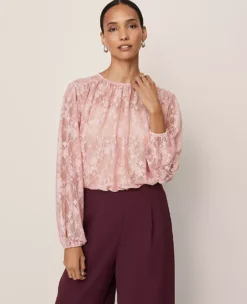 Crew Neck Shirred Blouse Pale Mauve -Anntaylor Shop 846363 9422