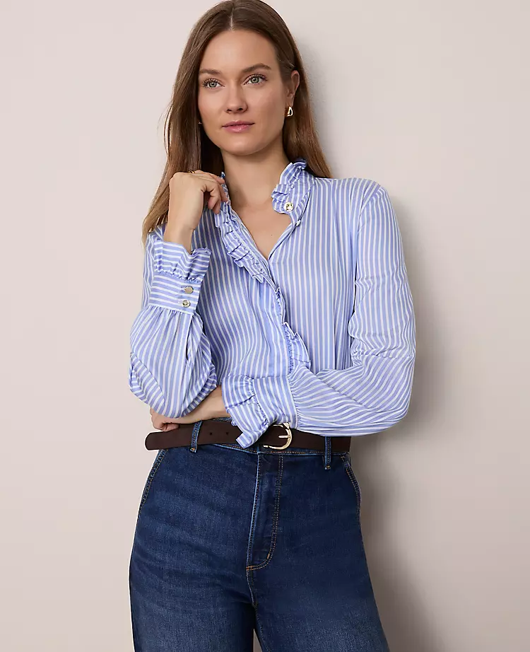 Striped Ruffle Collar Blouse Light Blue/White Stripe 3 Striped Ruffle Collar Blouse Light Blue/White Stripe
