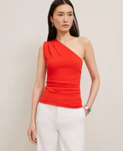 Petite Ruched One Shoulder Top Fiery Red 7 Petite Ruched One Shoulder Top Fiery Red -Anntaylor Shop 846401 5139 ALT2