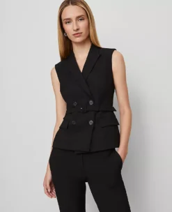 Petite Belted Double Breasted Vest In Seasonless Stretch Core Black