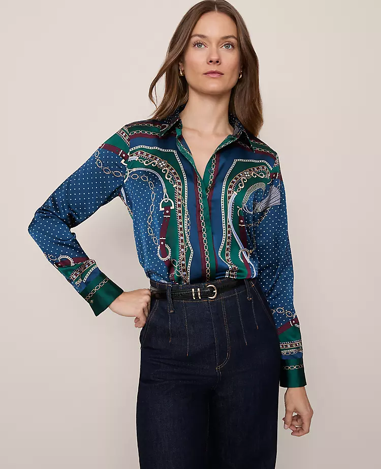 Petite Chain Link Print Satin Essential Shirt Night Garden 3 Petite Chain Link Print Satin Essential Shirt Night Garden