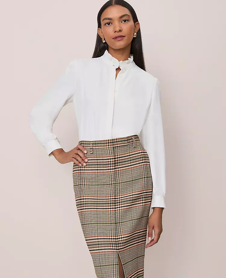 Petite Ruffle Neck Satin Blouse Winter White 3 Petite Ruffle Neck Satin Blouse Winter White