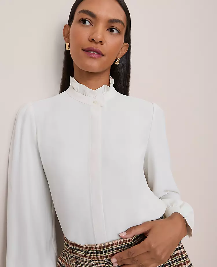 Petite Ruffle Neck Satin Blouse Winter White 5 Petite Ruffle Neck Satin Blouse Winter White - Image 3