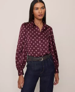 Petite Geo Blouson Sleeve Shirt Poised Plum -Anntaylor Shop 846792 525660 ALT2
