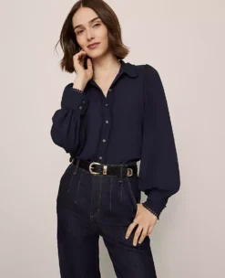Petite Bobble Trim Collared Shirt Night Sky