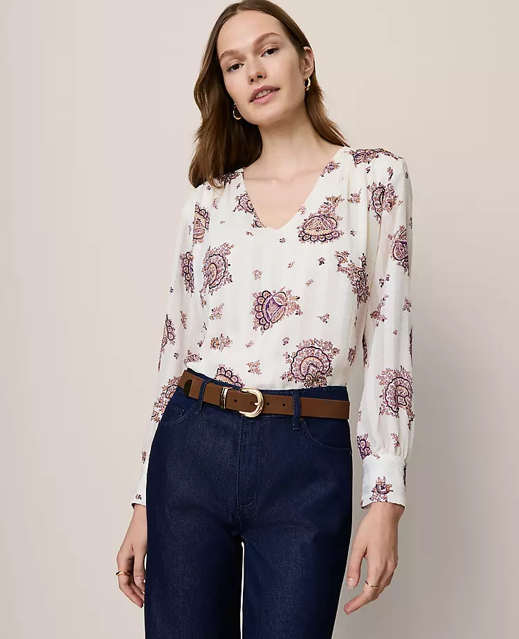 Petite Paisley V-Neck Popover Winter White 3 Petite Paisley V-Neck Popover Winter White