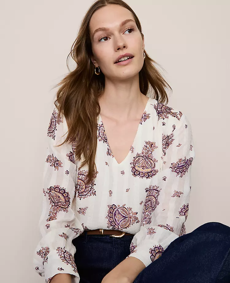 Petite Paisley V-Neck Popover Winter White 6 Petite Paisley V-Neck Popover Winter White - Image 4