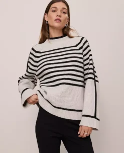 Petite Weekend Collection Striped Mock Neck Sweater Pale Sand Heather -Anntaylor Shop 846828 0272 ALT2