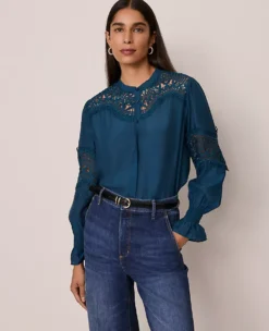 Petite Lace Trim Blouse Moonlit Backdrop 7 Petite Lace Trim Blouse Moonlit Backdrop -Anntaylor Shop 846863 019811 ALT2