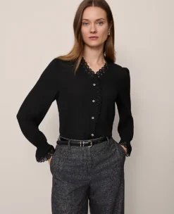 Petite Lace Ruffle Trim Blouse Black