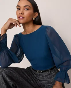 Petite Mixed Media Pleated Sleeve Top Moonlit Backdrop