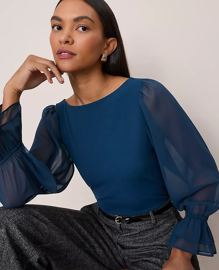 Petite Mixed Media Pleated Sleeve Top Moonlit Backdrop 3 Petite Mixed Media Pleated Sleeve Top Moonlit Backdrop