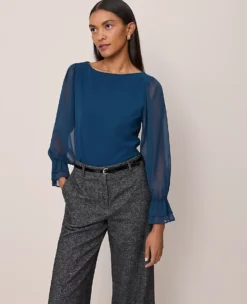 Petite Mixed Media Pleated Sleeve Top Moonlit Backdrop 7 Petite Mixed Media Pleated Sleeve Top Moonlit Backdrop -Anntaylor Shop 846930 019811 ALT2