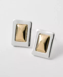 Mixed Metal Rectangle Stud Earrings Goldtone