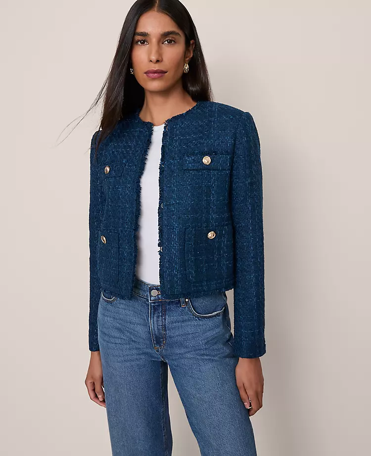 The Petite Cropped Crew Neck Jacket In Tweed Moonlit Backdrop 3 The Petite Cropped Crew Neck Jacket In Tweed Moonlit Backdrop