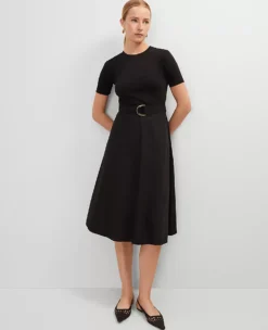 Petite Mixed Media Flare Midi Dress Black -Anntaylor Shop 850314 2222 ALT2