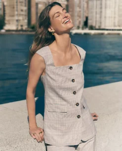 Petite Plaid Square Neck Vest Cashew Beige