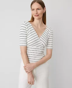 Petite Striped Crossover Neck Top Winter White-Black