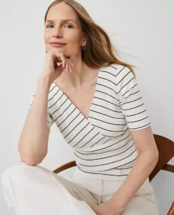Petite Striped Crossover Neck Top Winter White-Black -Anntaylor Shop 850482 517479 ALT2