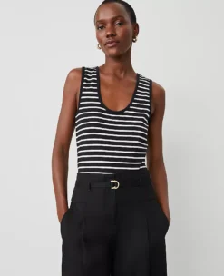 Petite Striped Scoop Neck Tank Top Black