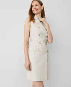 The Petite Blazer Halter Dress In Stretch Cotton Tahini -Anntaylor Shop 850496 6685 ALT2