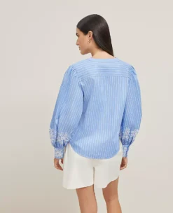 Petite Striped Embroidered V-Neck Popover Blue / White -Anntaylor Shop 850745 018991 ALT1