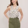Petite Weekend Collection Fern Eyelet Tie Neck Top Moss Green