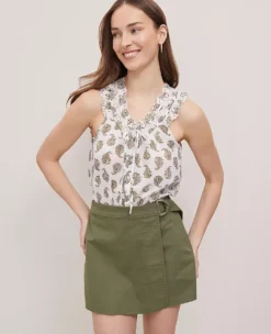 Petite Weekend Collection Fern Eyelet Tie Neck Top Moss Green